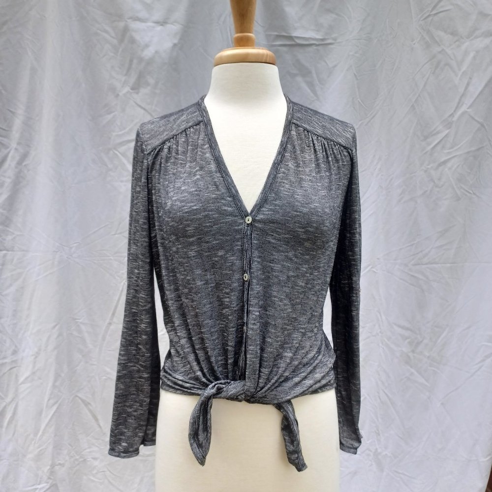 Max Studio black & white v neck button down top roll tab sleeves